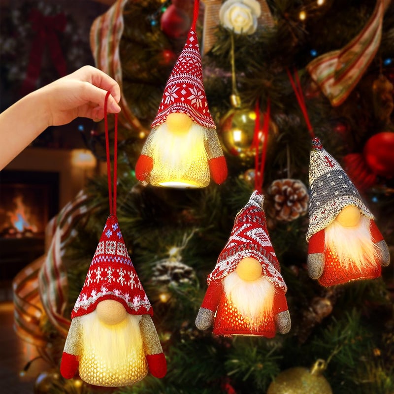 KMUYSL Christmas Gnome Ornaments, 4 Pack Christmas Tree Decorations Handmade Swedish Santa Gnomes Ornaments Lights Scandinavian Plush Elf Table Home Decor, Christmas Tree Hanging Decoration - Image 1